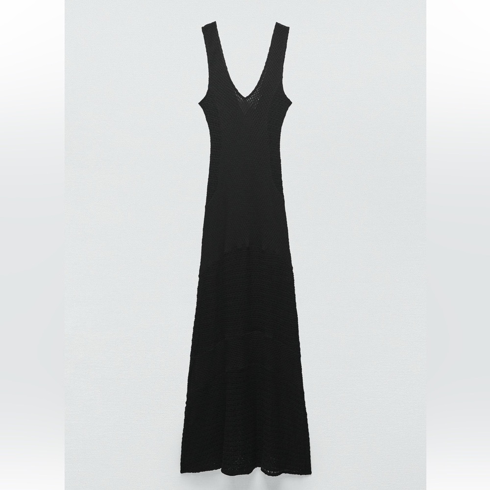 ZARA LONG V-NECK DRESS MIDI MAXI TANK DRESS CROCHET COVERUP BLACK SMALL 4770/151 - Picture 2 of 10